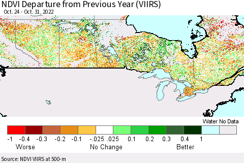 Canada NDVI Departure from Previous Year (VIIRS) Thematic Map For 10/24/2022 - 10/31/2022