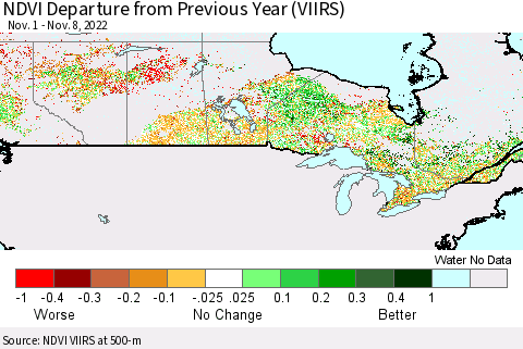 Canada NDVI Departure from Previous Year (VIIRS) Thematic Map For 11/1/2022 - 11/8/2022
