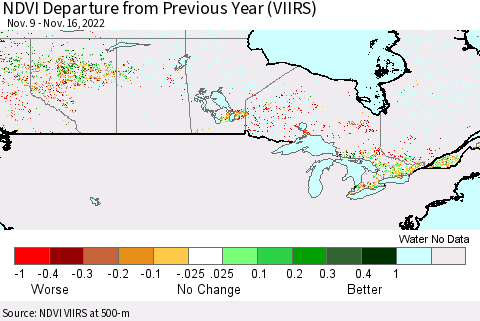 Canada NDVI Departure from Previous Year (VIIRS) Thematic Map For 11/9/2022 - 11/16/2022