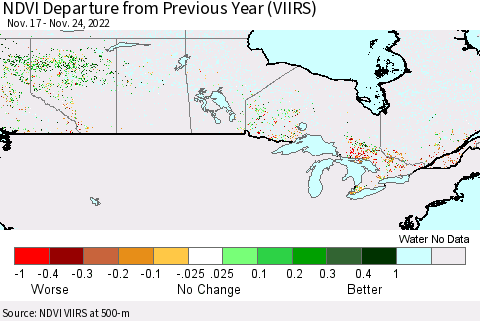 Canada NDVI Departure from Previous Year (VIIRS) Thematic Map For 11/17/2022 - 11/24/2022
