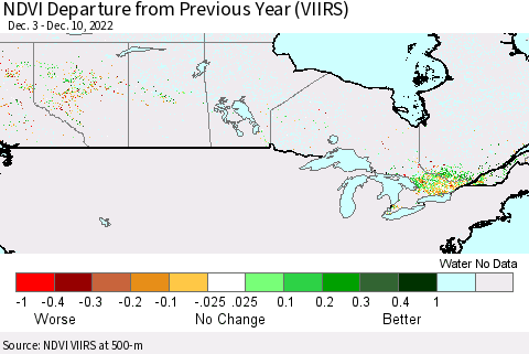 Canada NDVI Departure from Previous Year (VIIRS) Thematic Map For 12/3/2022 - 12/10/2022