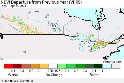 Canada NDVI Departure from Previous Year (VIIRS) Thematic Map For 4/7/2023 - 4/14/2023