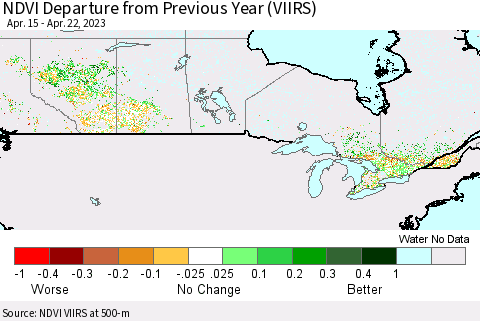 Canada NDVI Departure from Previous Year (VIIRS) Thematic Map For 4/15/2023 - 4/22/2023