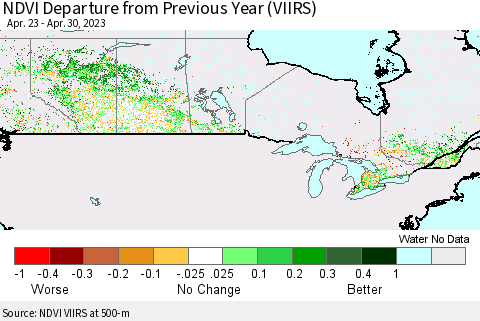 Canada NDVI Departure from Previous Year (VIIRS) Thematic Map For 4/23/2023 - 4/30/2023