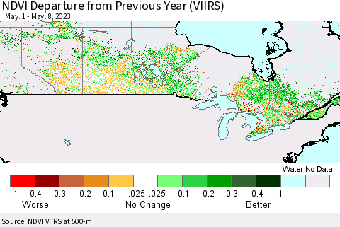 Canada NDVI Departure from Previous Year (VIIRS) Thematic Map For 5/1/2023 - 5/8/2023