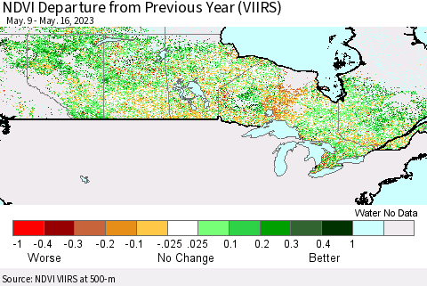 Canada NDVI Departure from Previous Year (VIIRS) Thematic Map For 5/9/2023 - 5/16/2023