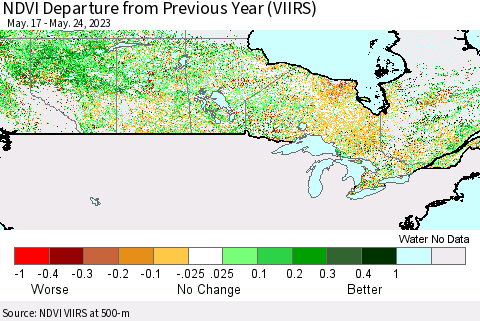 Canada NDVI Departure from Previous Year (VIIRS) Thematic Map For 5/17/2023 - 5/24/2023