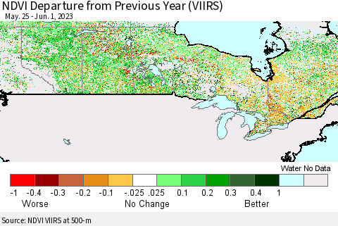 Canada NDVI Departure from Previous Year (VIIRS) Thematic Map For 5/25/2023 - 6/1/2023