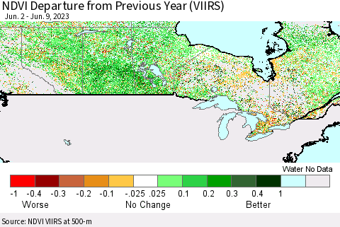 Canada NDVI Departure from Previous Year (VIIRS) Thematic Map For 6/2/2023 - 6/9/2023