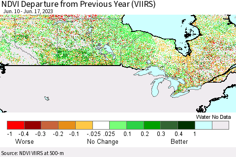 Canada NDVI Departure from Previous Year (VIIRS) Thematic Map For 6/10/2023 - 6/17/2023