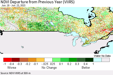 Canada NDVI Departure from Previous Year (VIIRS) Thematic Map For 6/18/2023 - 6/25/2023