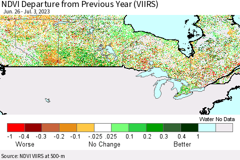 Canada NDVI Departure from Previous Year (VIIRS) Thematic Map For 6/26/2023 - 7/3/2023