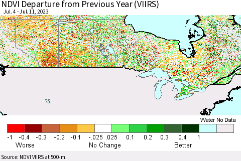 Canada NDVI Departure from Previous Year (VIIRS) Thematic Map For 7/4/2023 - 7/11/2023