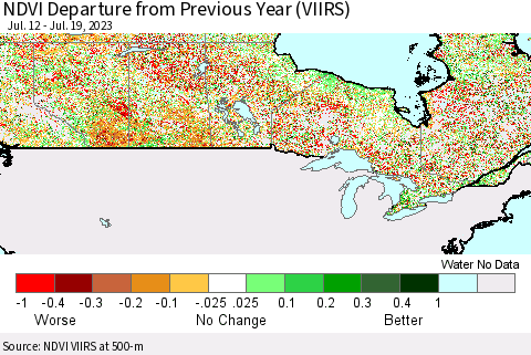 Canada NDVI Departure from Previous Year (VIIRS) Thematic Map For 7/12/2023 - 7/19/2023