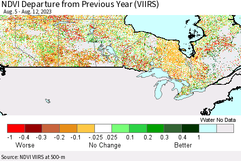 Canada NDVI Departure from Previous Year (VIIRS) Thematic Map For 8/5/2023 - 8/12/2023