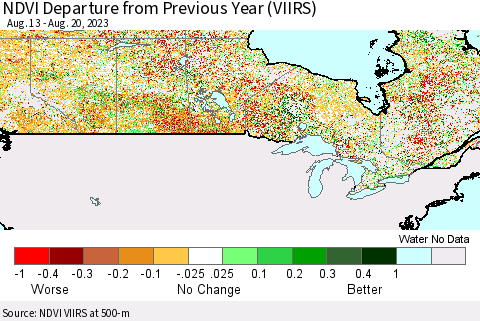 Canada NDVI Departure from Previous Year (VIIRS) Thematic Map For 8/13/2023 - 8/20/2023