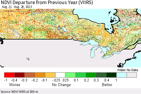 Canada NDVI Departure from Previous Year (VIIRS) Thematic Map For 8/21/2023 - 8/28/2023