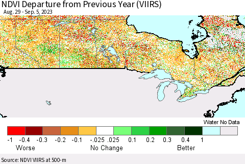 Canada NDVI Departure from Previous Year (VIIRS) Thematic Map For 8/29/2023 - 9/5/2023