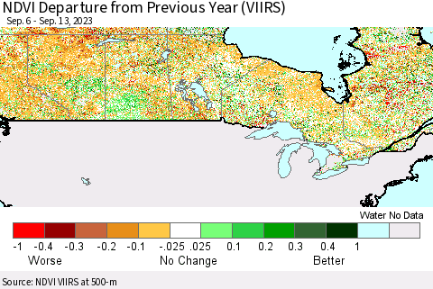 Canada NDVI Departure from Previous Year (VIIRS) Thematic Map For 9/6/2023 - 9/13/2023