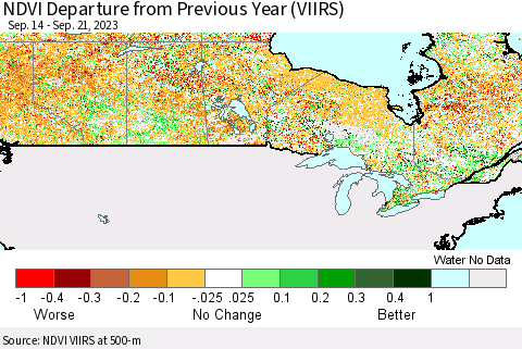 Canada NDVI Departure from Previous Year (VIIRS) Thematic Map For 9/14/2023 - 9/21/2023