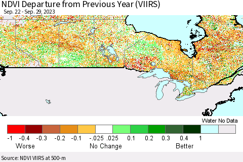 Canada NDVI Departure from Previous Year (VIIRS) Thematic Map For 9/22/2023 - 9/29/2023