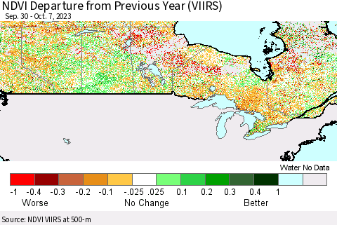 Canada NDVI Departure from Previous Year (VIIRS) Thematic Map For 9/30/2023 - 10/7/2023