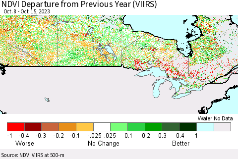 Canada NDVI Departure from Previous Year (VIIRS) Thematic Map For 10/8/2023 - 10/15/2023