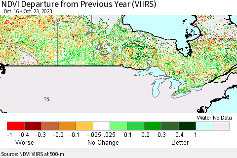 Canada NDVI Departure from Previous Year (VIIRS) Thematic Map For 10/16/2023 - 10/23/2023