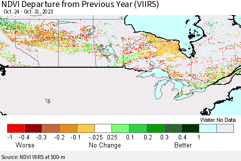 Canada NDVI Departure from Previous Year (VIIRS) Thematic Map For 10/24/2023 - 10/31/2023
