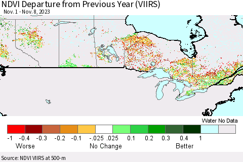 Canada NDVI Departure from Previous Year (VIIRS) Thematic Map For 11/1/2023 - 11/8/2023