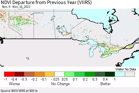 Canada NDVI Departure from Previous Year (VIIRS) Thematic Map For 11/9/2023 - 11/16/2023