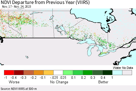 Canada NDVI Departure from Previous Year (VIIRS) Thematic Map For 11/17/2023 - 11/24/2023