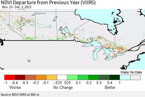 Canada NDVI Departure from Previous Year (VIIRS) Thematic Map For 11/25/2023 - 12/2/2023