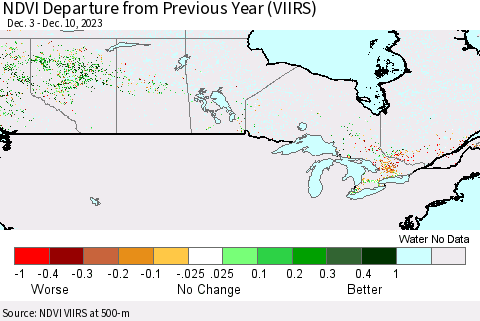 Canada NDVI Departure from Previous Year (VIIRS) Thematic Map For 12/3/2023 - 12/10/2023
