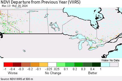 Canada NDVI Departure from Previous Year (VIIRS) Thematic Map For 3/13/2024 - 3/20/2024