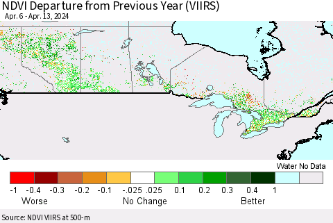 Canada NDVI Departure from Previous Year (VIIRS) Thematic Map For 4/6/2024 - 4/13/2024