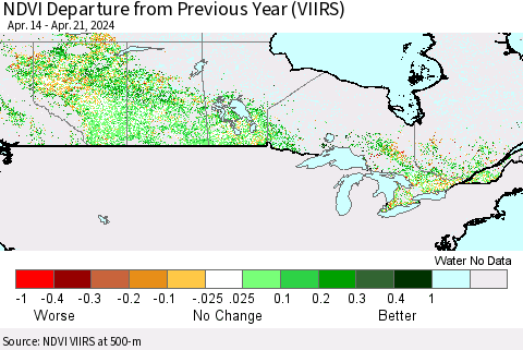 Canada NDVI Departure from Previous Year (VIIRS) Thematic Map For 4/14/2024 - 4/21/2024
