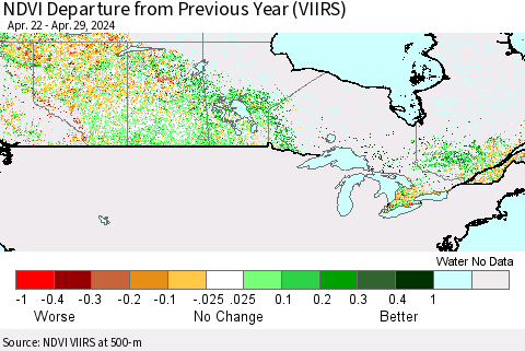 Canada NDVI Departure from Previous Year (VIIRS) Thematic Map For 4/22/2024 - 4/29/2024