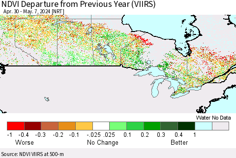 Canada NDVI Departure from Previous Year (VIIRS) Thematic Map For 4/30/2024 - 5/7/2024