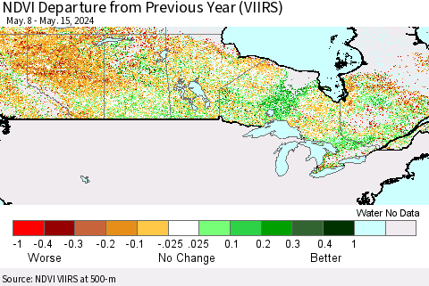 Canada NDVI Departure from Previous Year (VIIRS) Thematic Map For 5/8/2024 - 5/15/2024