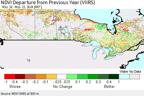 Canada NDVI Departure from Previous Year (VIIRS) Thematic Map For 5/16/2024 - 5/23/2024