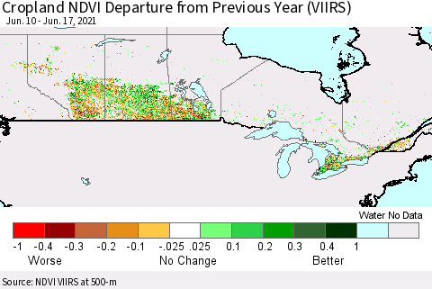 Canada Cropland NDVI Departure from Previous Year (VIIRS) Thematic Map For 6/10/2021 - 6/17/2021
