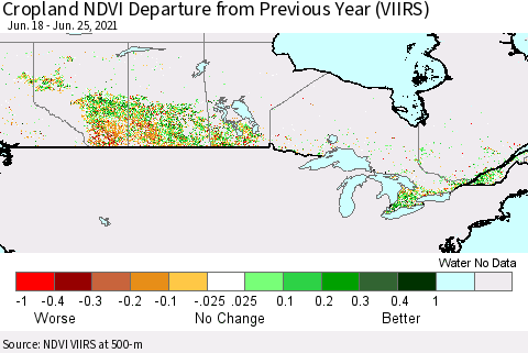 Canada Cropland NDVI Departure from Previous Year (VIIRS) Thematic Map For 6/18/2021 - 6/25/2021