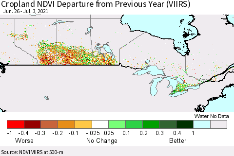 Canada Cropland NDVI Departure from Previous Year (VIIRS) Thematic Map For 6/26/2021 - 7/3/2021
