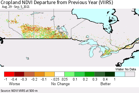 Canada Cropland NDVI Departure from Previous Year (VIIRS) Thematic Map For 8/29/2021 - 9/5/2021