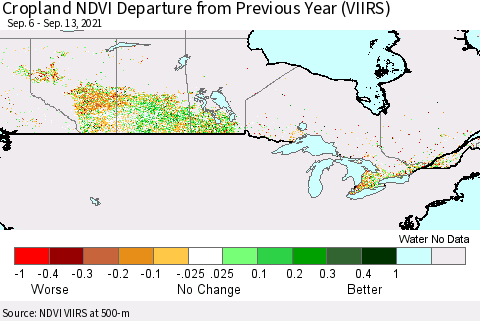 Canada Cropland NDVI Departure from Previous Year (VIIRS) Thematic Map For 9/6/2021 - 9/13/2021