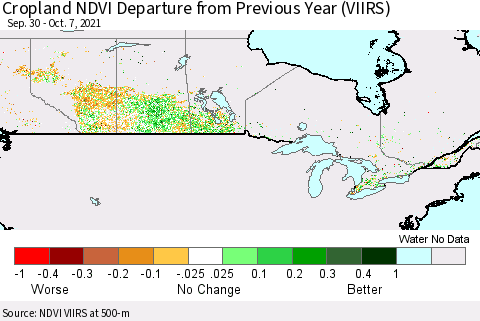 Canada Cropland NDVI Departure from Previous Year (VIIRS) Thematic Map For 9/30/2021 - 10/7/2021