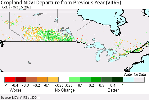 Canada Cropland NDVI Departure from Previous Year (VIIRS) Thematic Map For 10/8/2021 - 10/15/2021