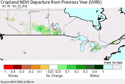 Canada Cropland NDVI Departure from Previous Year (VIIRS) Thematic Map For 10/16/2021 - 10/23/2021