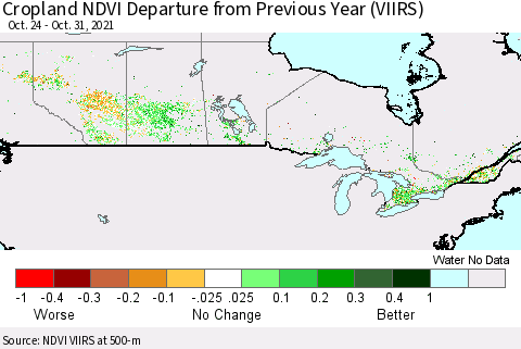 Canada Cropland NDVI Departure from Previous Year (VIIRS) Thematic Map For 10/24/2021 - 10/31/2021